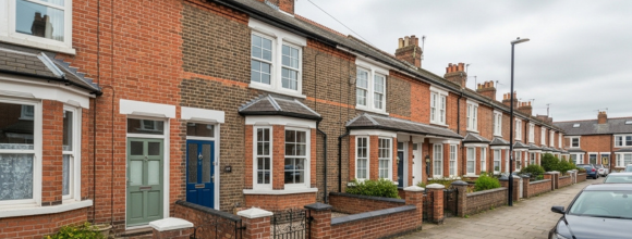 row of houses in the united kingdom with a supported housing arrangement in the middle