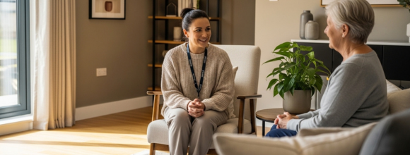 support worker from falcon housing association talking with adult in her own home